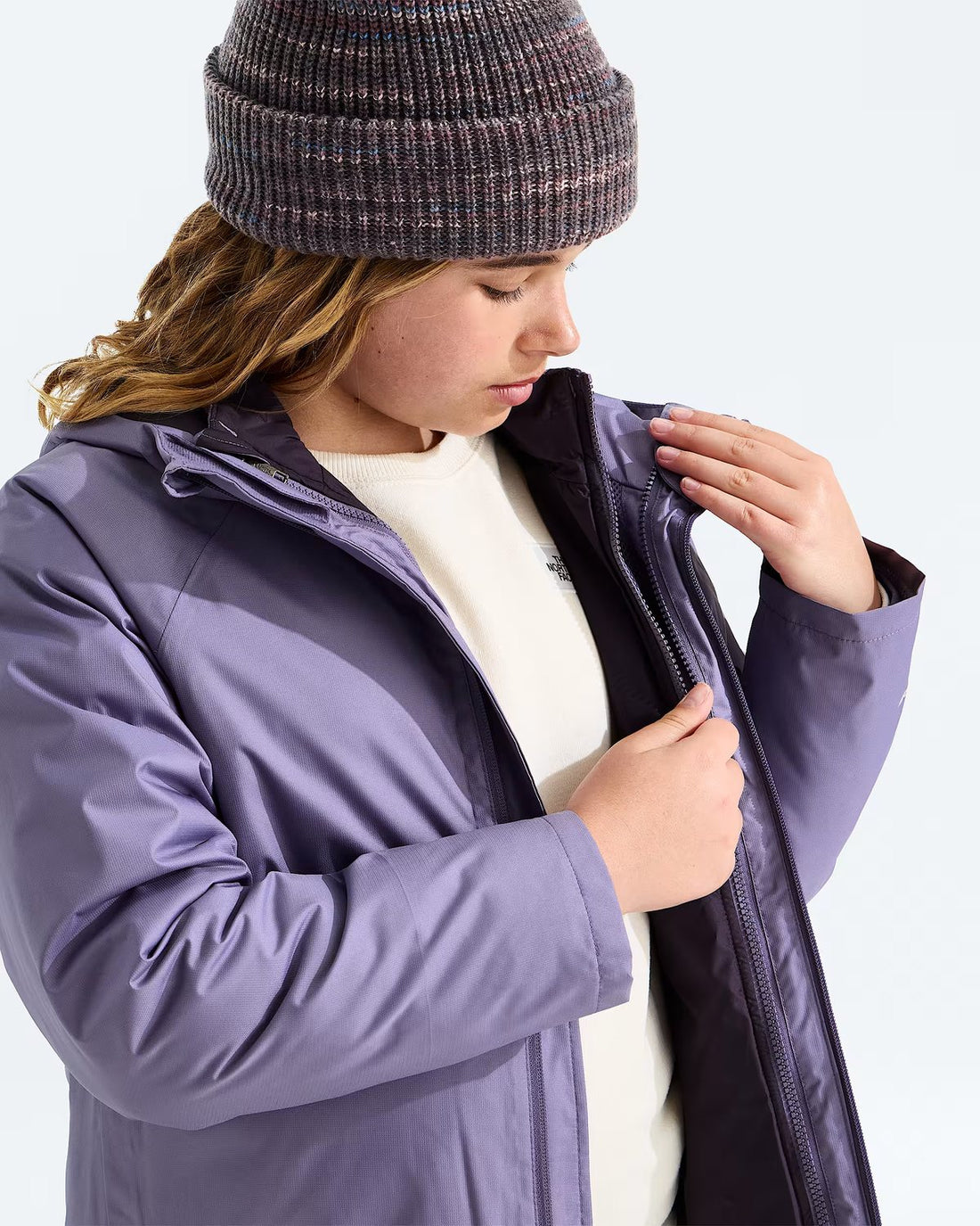 The North Face Teen Perrito 4-N-1 Hooded Jacket - Grounded Plum in Grounded Plum - close-up model