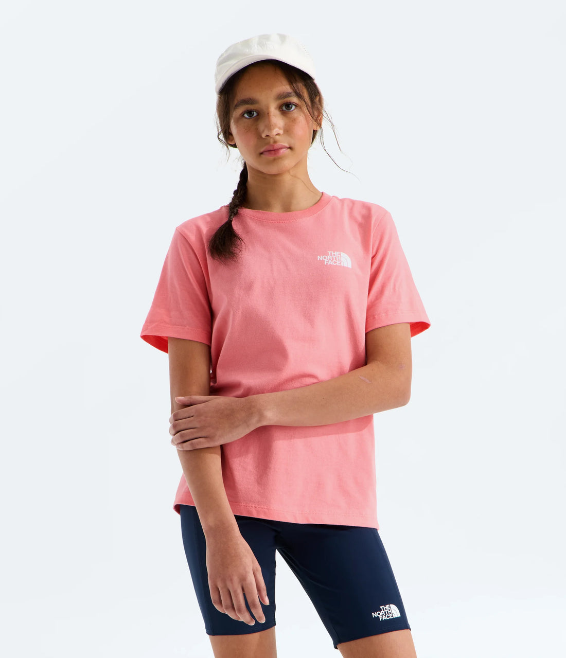 The North Face Teens' Evolution Box NSE T-Shirt - Coral Crush - front view on a model