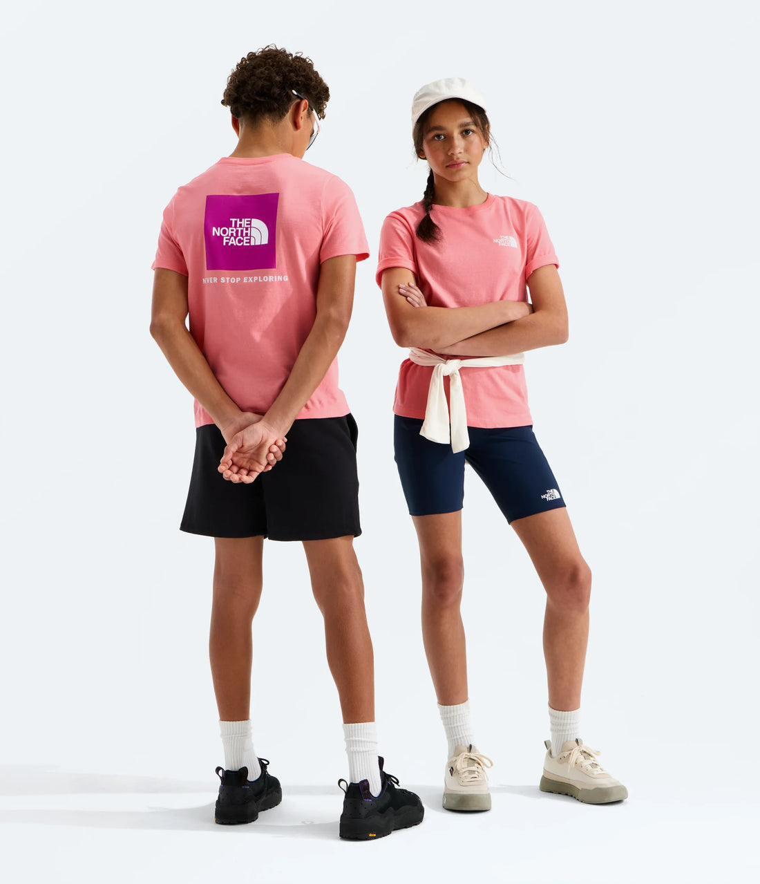 The North Face Teens' Evolution Box NSE T-Shirt - Coral Crush - models showing front and back graphics