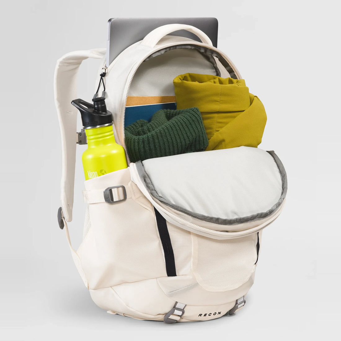 The North Face Women's Recon Backpack - 30L - Gardenia White/TNF Black - open main compartment with example contents