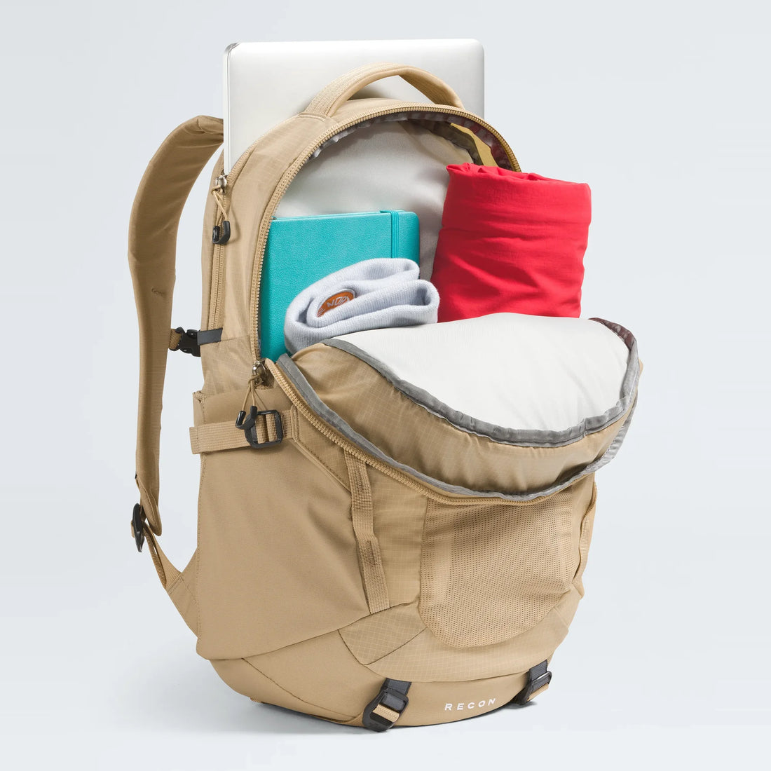 The North Face Women's Recon Backpack - 30L - Khaki Stone - open main compartment with example contents