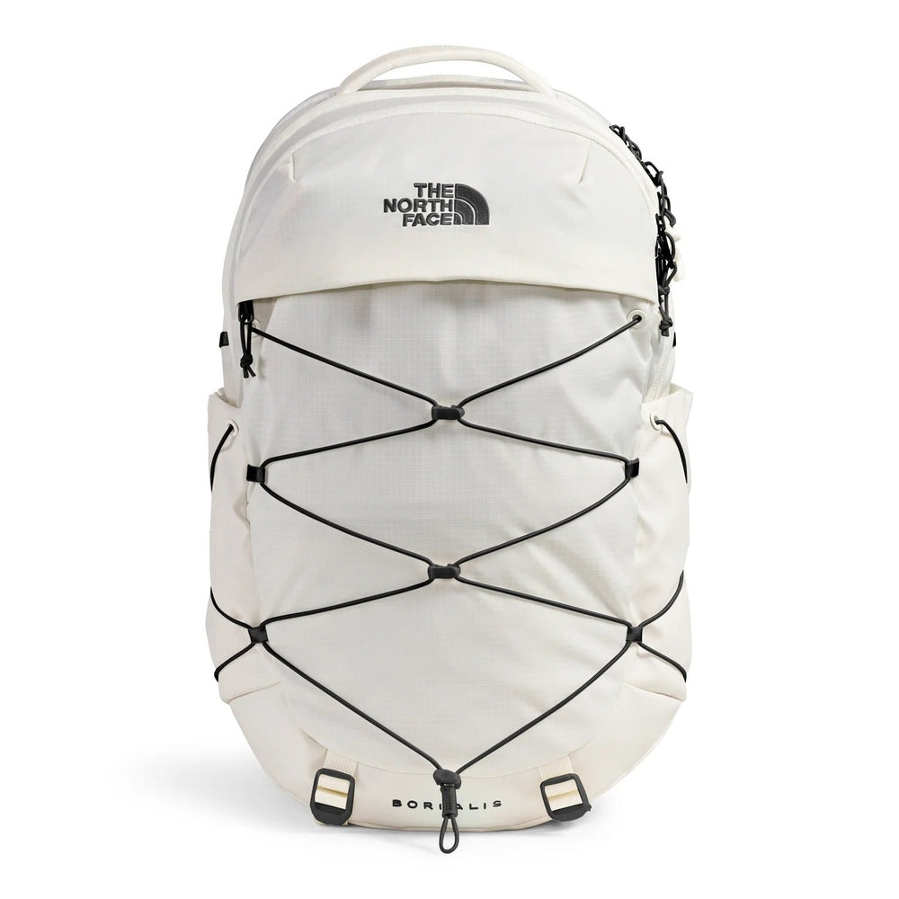 The North Face Borealis Backpack in White with crisscross front bungee cords