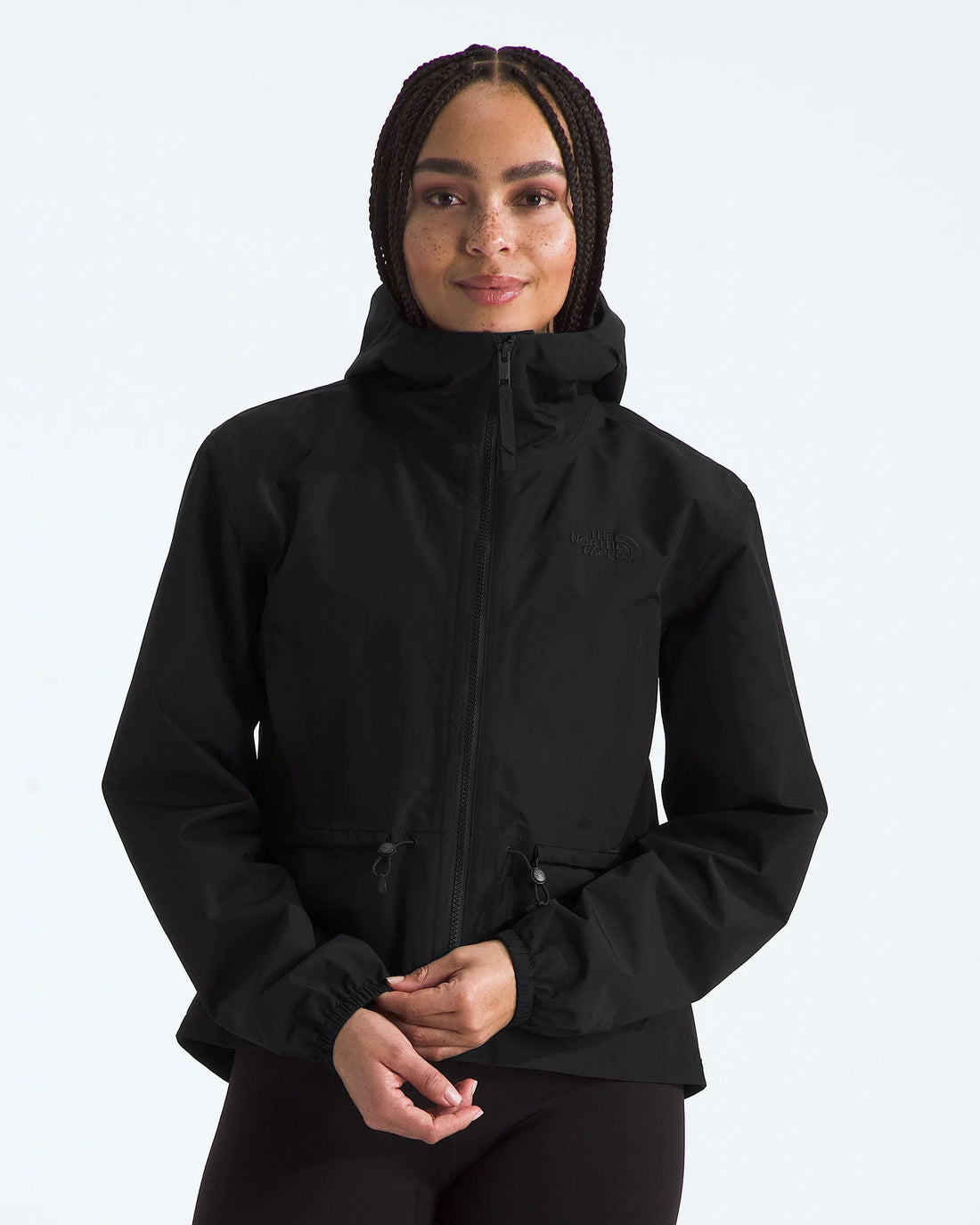 The North Face Women's Daybreak Rain Jacket in TNF Black, model front view