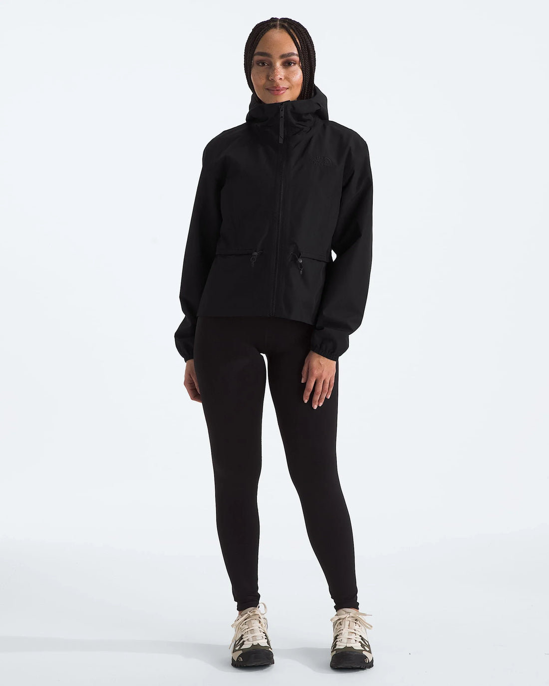 The North Face Women's Daybreak Rain Jacket in TNF Black, full-length model view