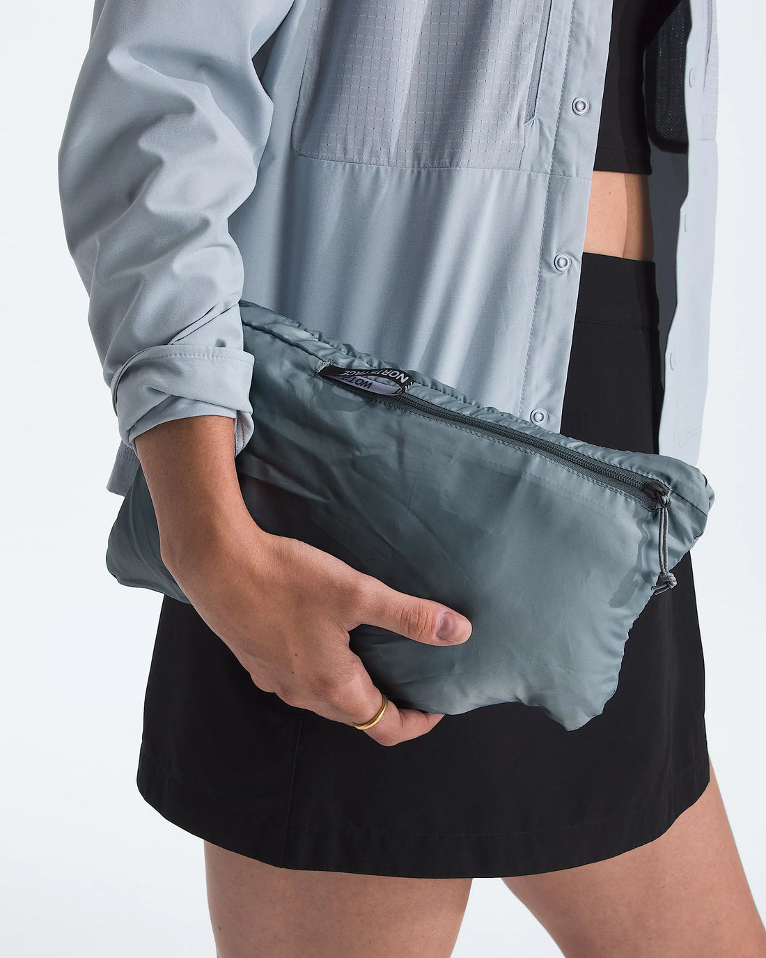 The North Face Women's Terra Peak Vest in Granite Grey, packed pocket view