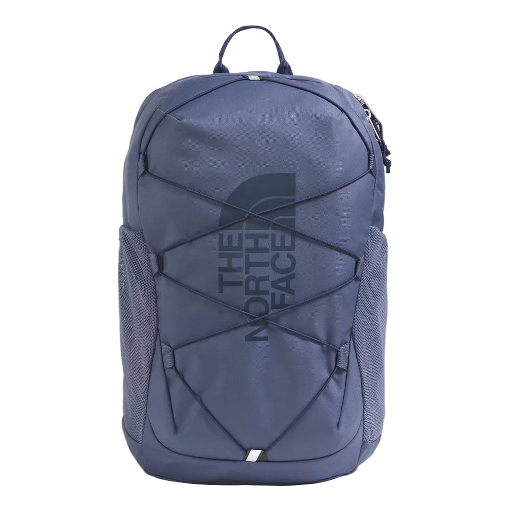 The North Face Youth Court Jester backpack in navy blue with bungee front and mesh side pockets.
