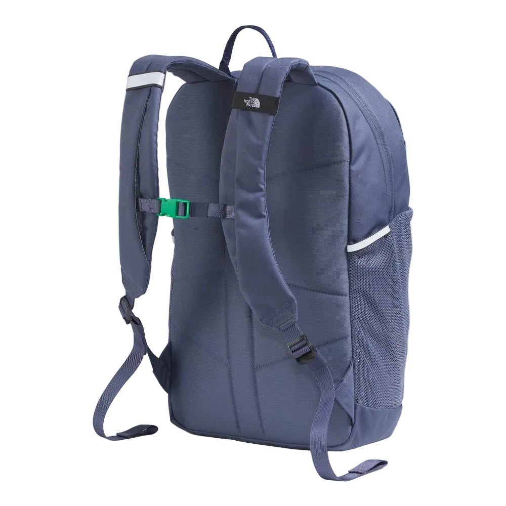 The North Face Youth Court Jester backpack in navy blue with padded straps and mesh side pocket