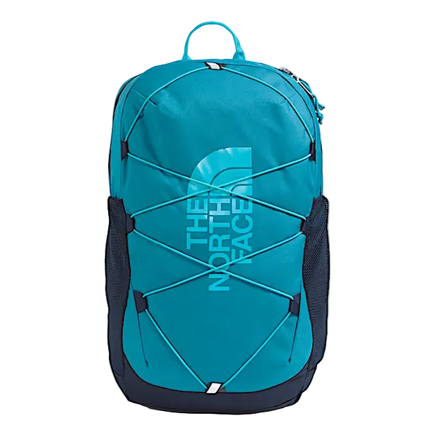 The North Face Youth Court Jester backpack in teal with front bungee cords and mesh side pockets.
