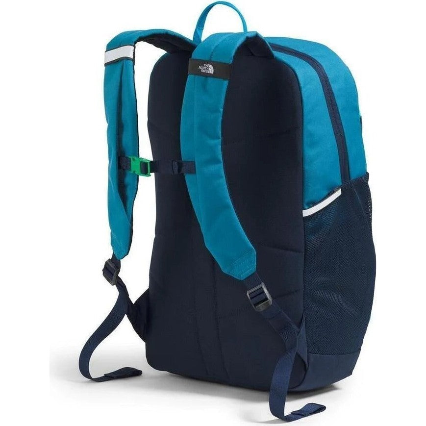 The North Face Youth Court Jester backpack in teal and navy with padded straps and side mesh pocket