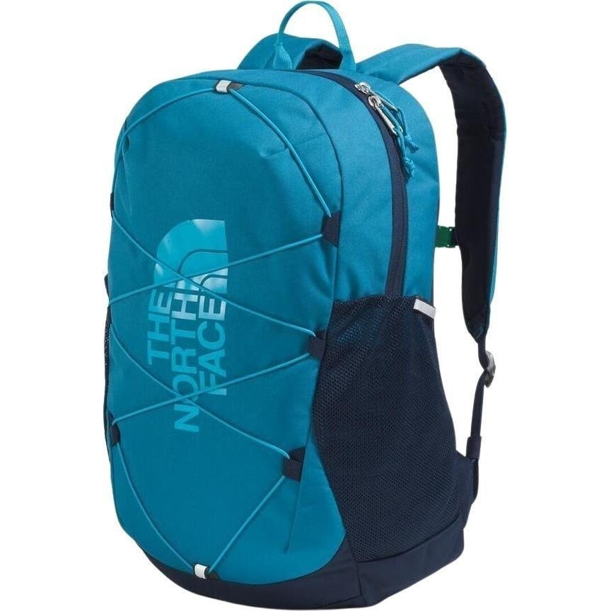 The North Face Youth Court Jester backpack in teal blue with front bungee cords and mesh side pocket