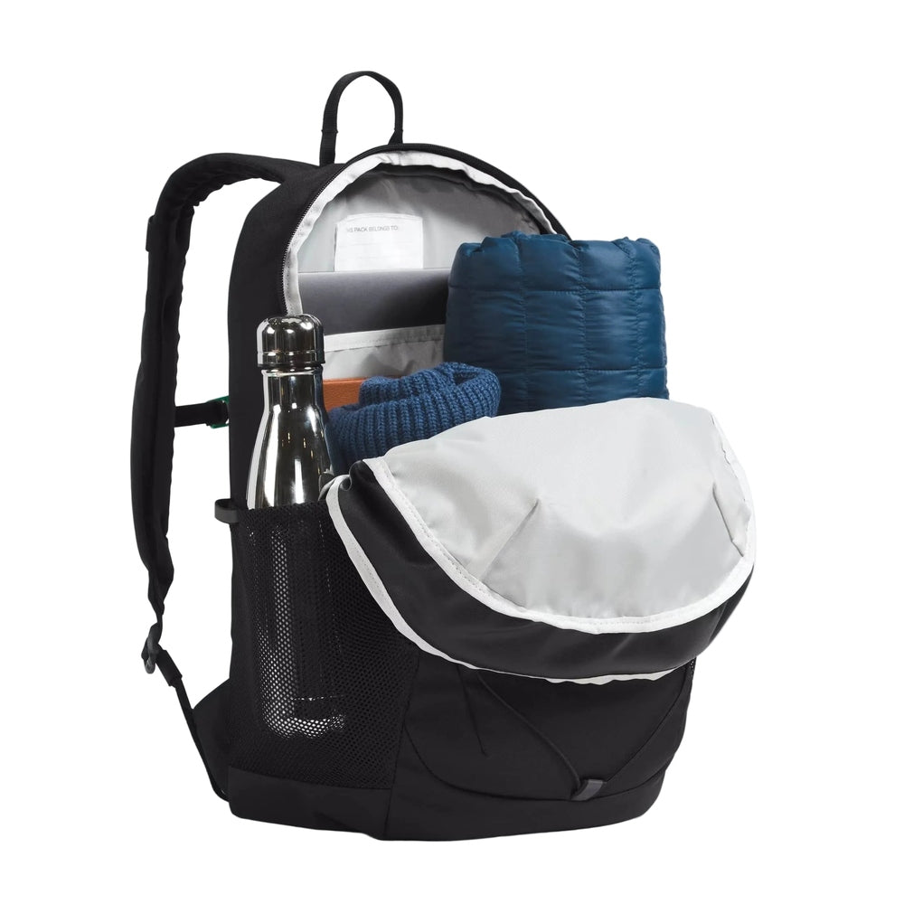 The North Face Youth Court Jester Backpack in Black with Gray Front Flap, blue puffer & knit, water bottle in side mesh.