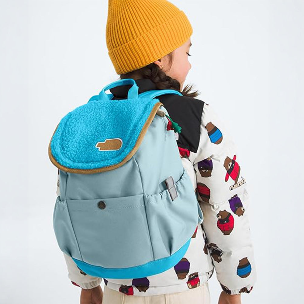 THE NORTH FACE The North Face Youth Mini Explorer Backpack Sherpa flap with elastic side pocket and snap front detail img 3/14