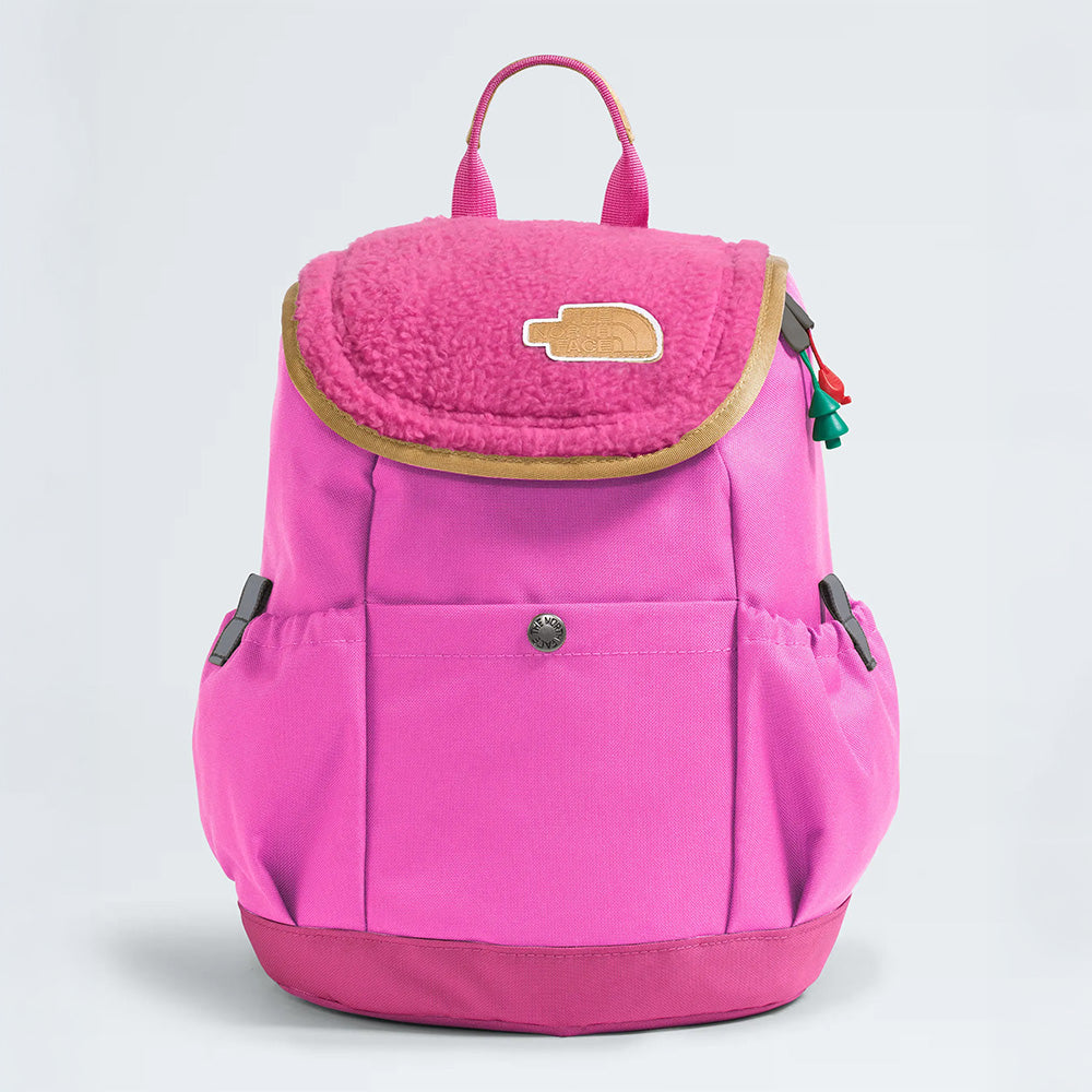 THE NORTH FACE The North Face Youth Mini Explorer Backpack sherpa fleece flap with tan trim and side compression clips img 8/14
