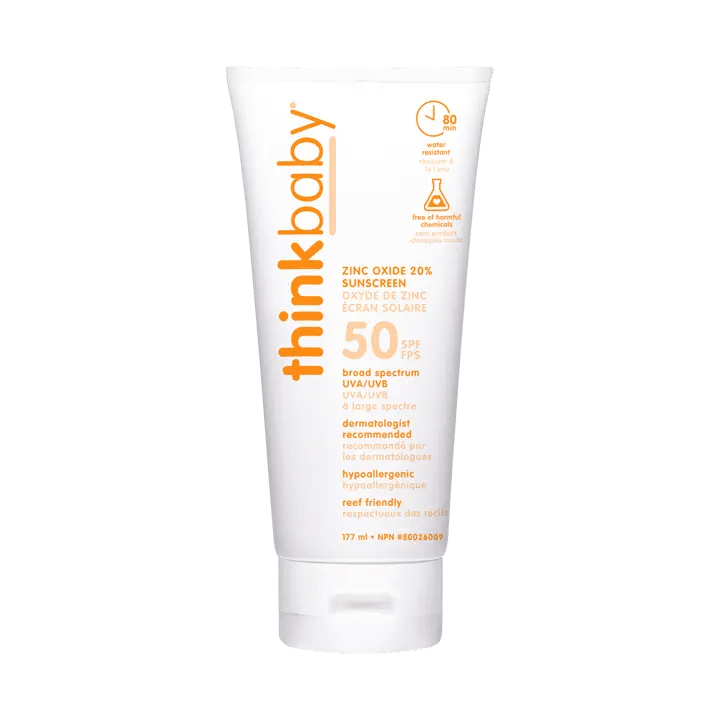 THINK Baby Mineral Based Sunscreen SPF50 tube stands upright on white background, orange branding, zinc oxide 20%, broad spectrum.
