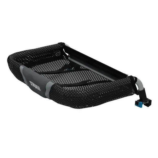 Thule Cargo Rack stroller basket in black mesh with gray trim, attached to a stroller frame with blue mounting clamps