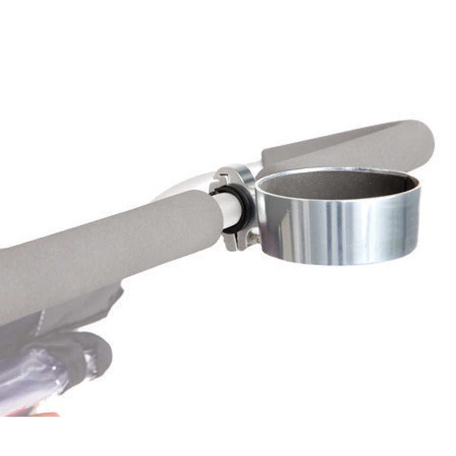Thule Cup Holder mounted on a stroller arm with gray padded bars and a chrome cup holder