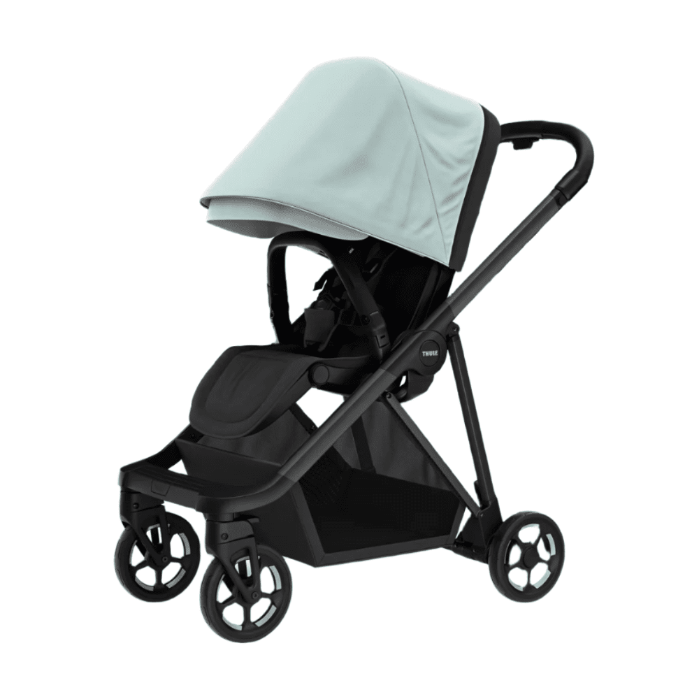 Thule Shine stroller with mint canopy, black frame, four-wheel chassis