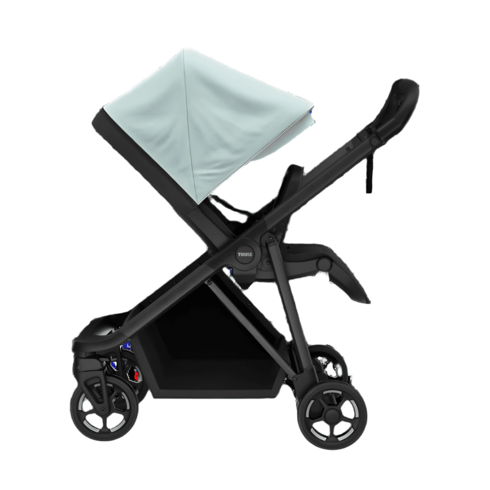 Thule Shine stroller with light blue canopy and black frame for city use