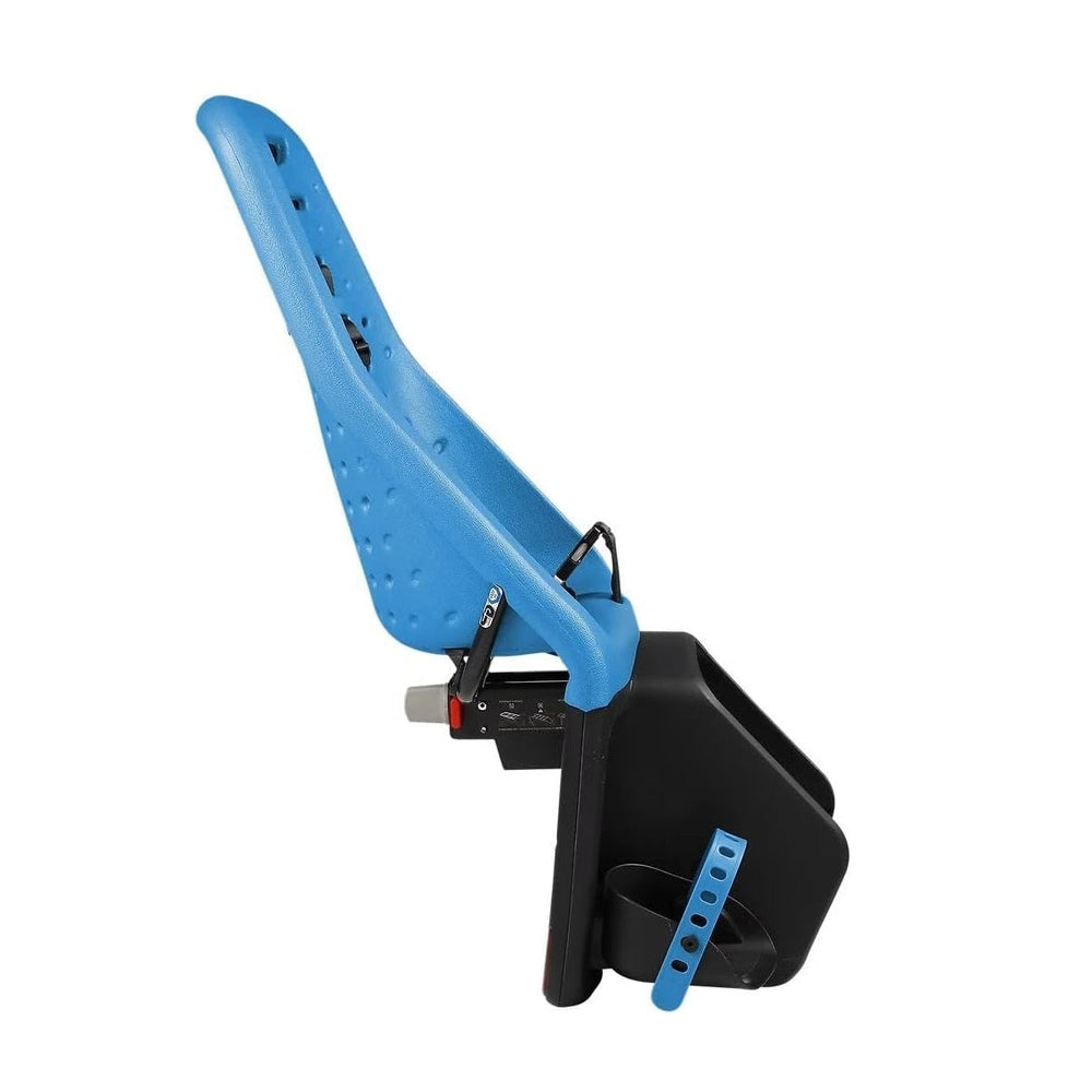 Thule Yepp Maxi Rack Mounted Child Bike Seat in blue, securely attached to a bike rack with adjustable footrests.