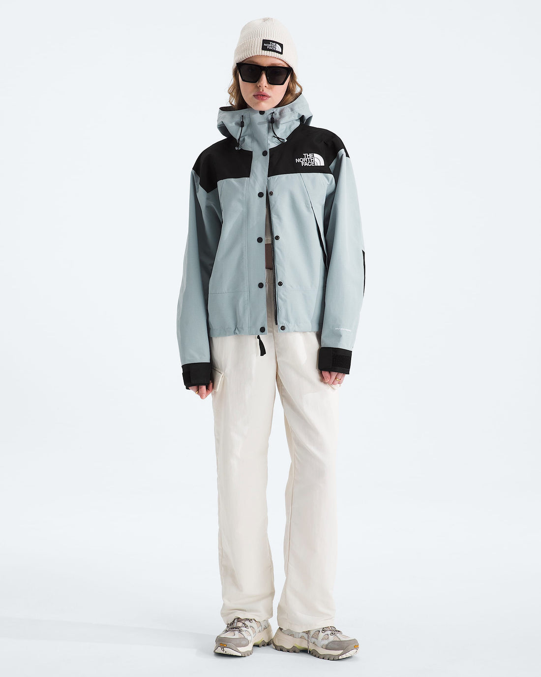 The North Face Women’s DRYVENT Mono Mountain Jacket, Frost Grey/TNF Black – Front view, alternate pose