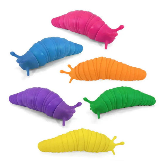 TOBAR fidget slug toy set, six colorful silicone slugs in pink, blue, orange, purple, green, yellow