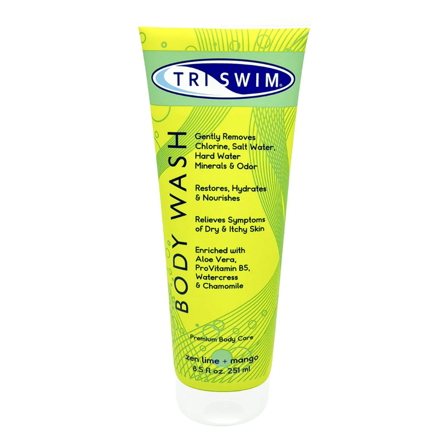 Triswim Chlorine Removal Body Wash 251 ml neon yellow tube with TRISWIM branding.