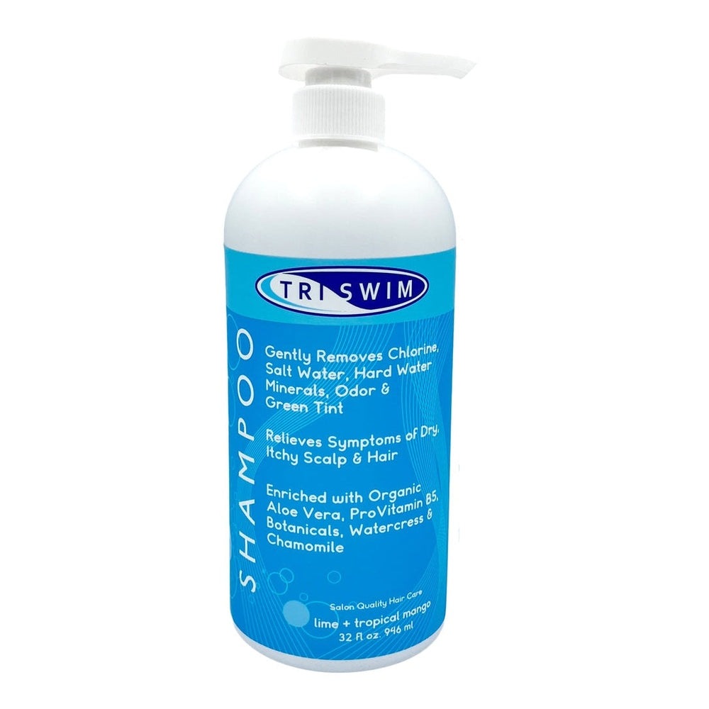 TRISWIM Chlorine Removal Shampoo 946 ml bottle with pump, blue label, lime + tropical mango scent