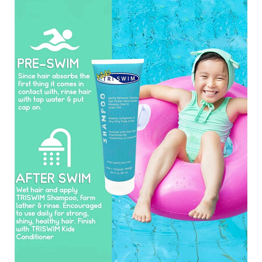TRISWIM Kids Chlorine Removal Shampoo 251 ml tube beside smiling child in pool