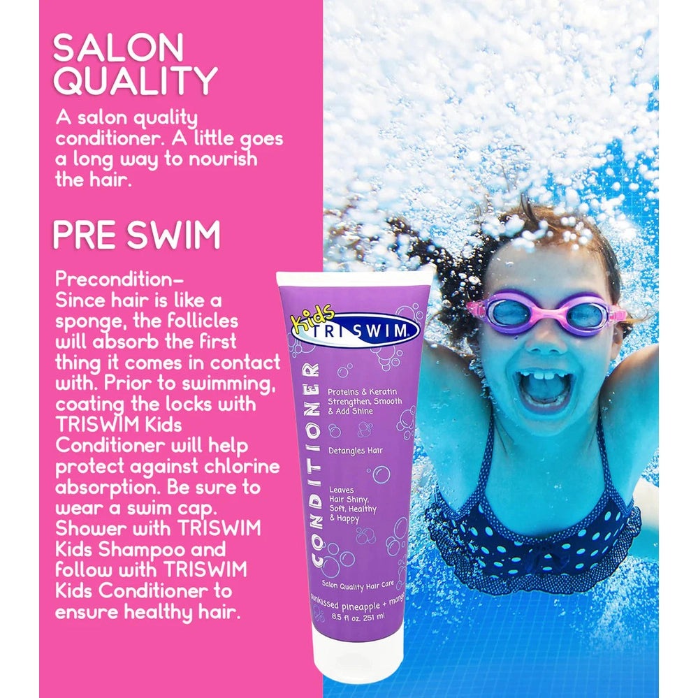 TRISWIM Kids Conditioner 251 ml purple bottle beside smiling child in swim goggles