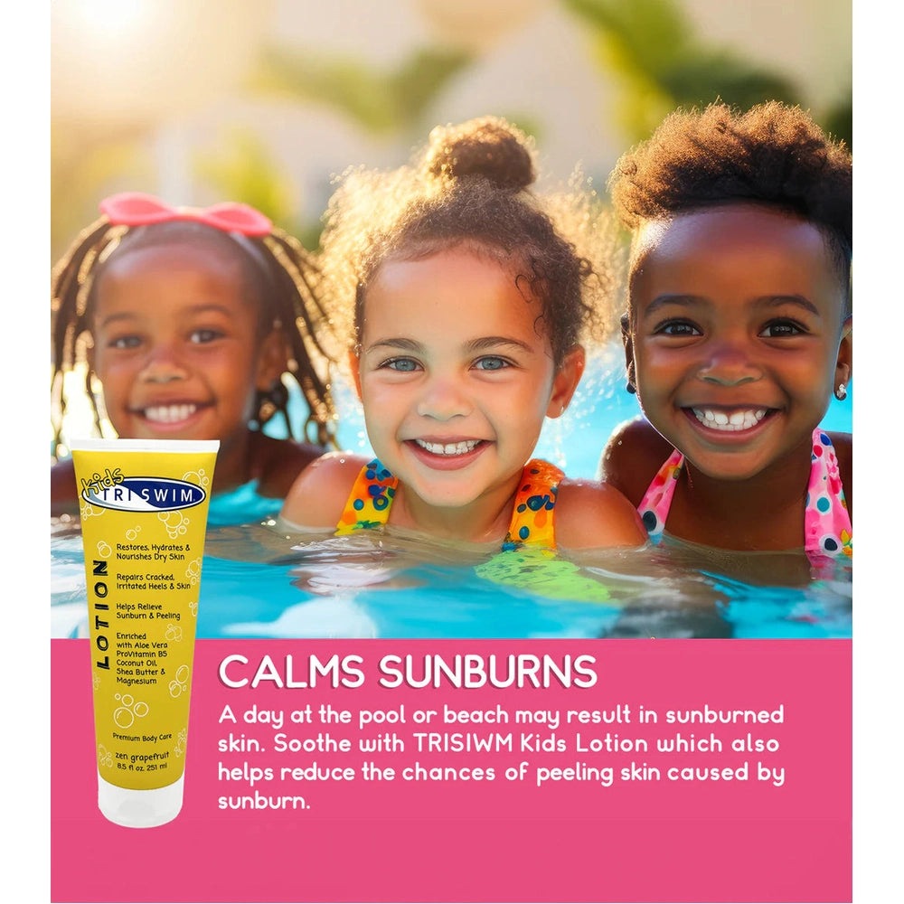 TRISWIM Kids Lotion 251 ml yellow tube beside three smiling children in a pool