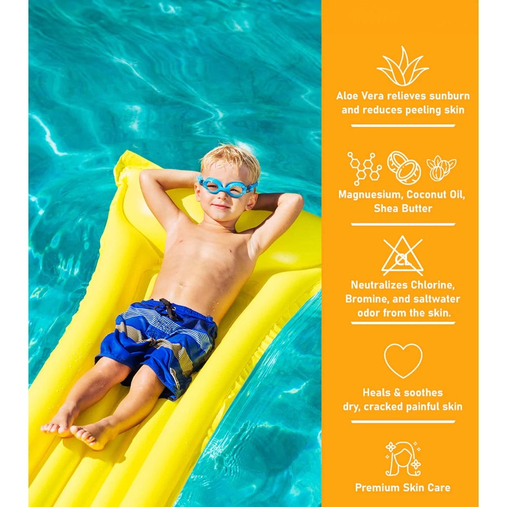 TRISWIM Kids Lotion 251 ml; child on a yellow pool raft with blue goggles in turquoise water