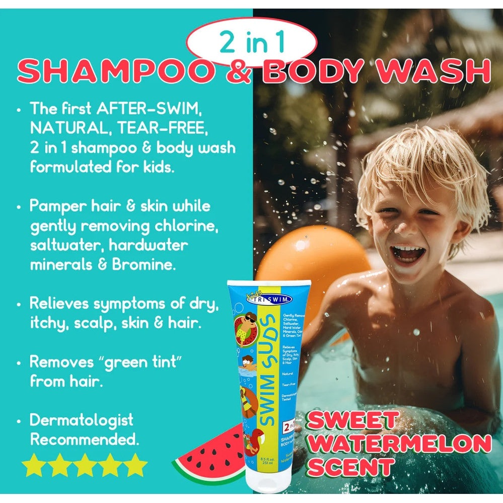 TRISWIM Kids Swim Suds 2-in-1 shampoo & body wash, 251 ml bottle, chlorine-removing formula, sweet watermelon scent.