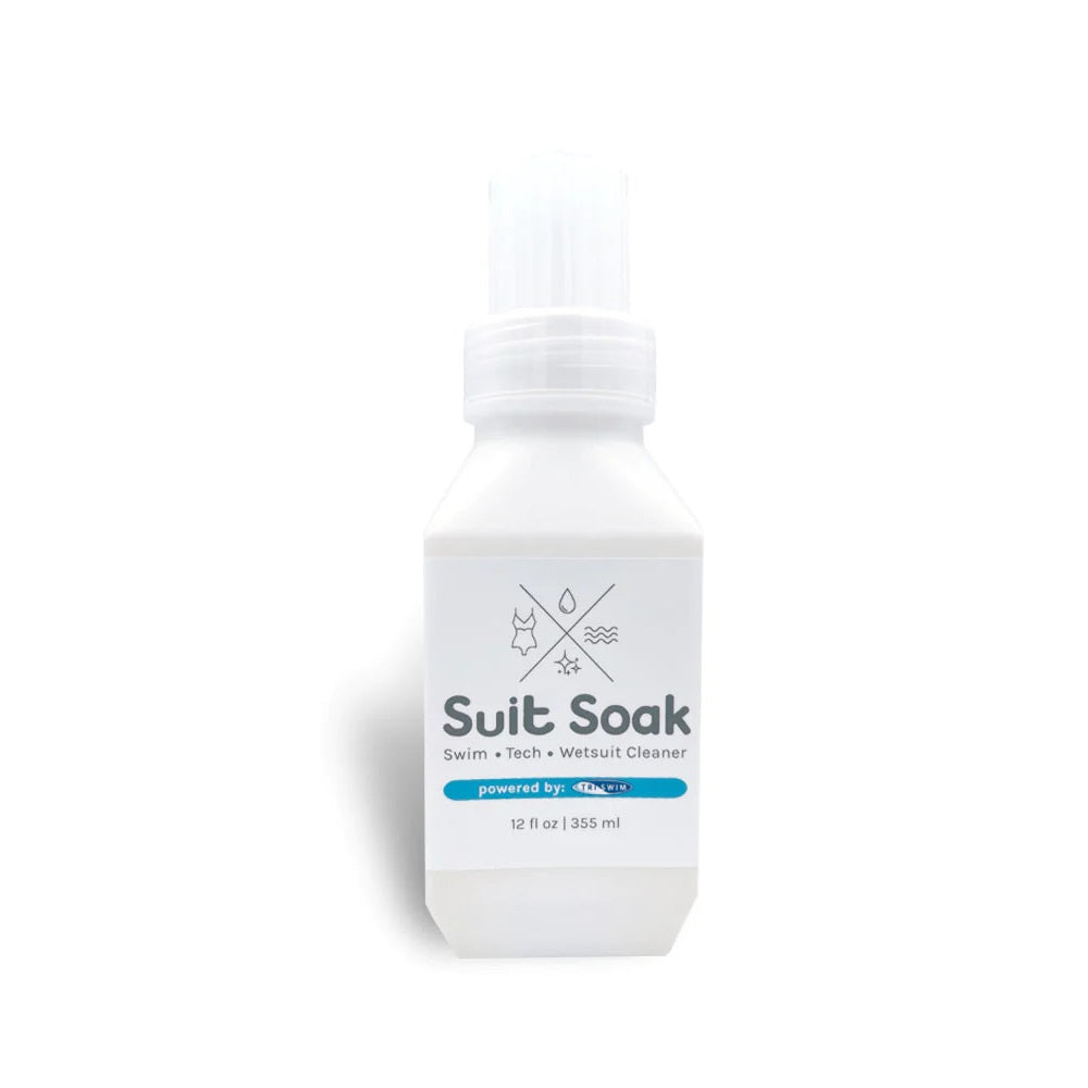Triswim Suit Soak swimwear cleaner bottle, white plastic with blue label, 355 ml