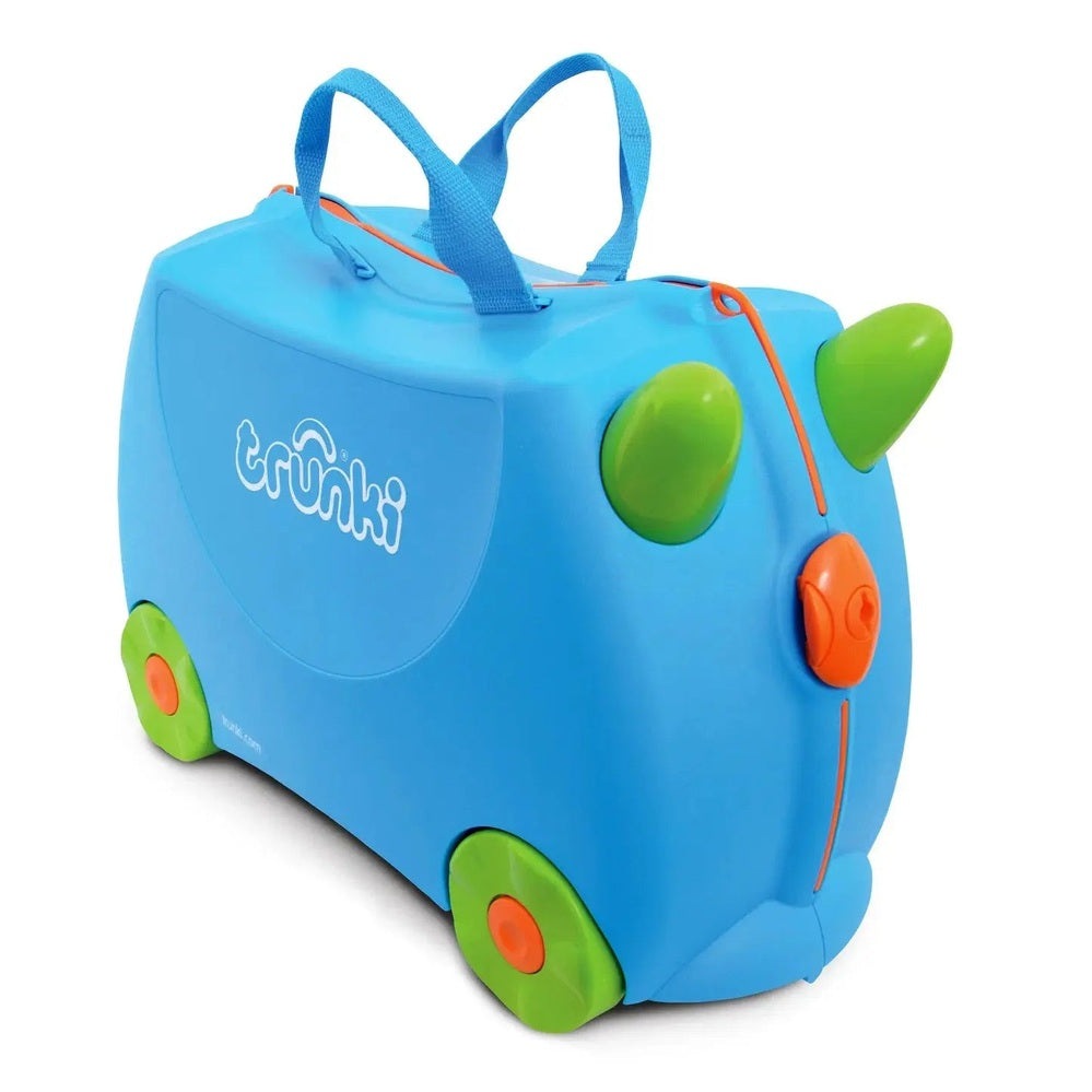 Trunki Ride On Suitcase in blue with lime wheels and orange accents, built-in handles for carrying and rolling.