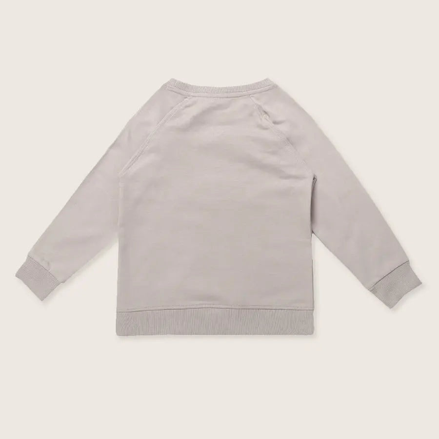 Turtledove London 3D Character Sweatshirt Pumice, light grey with ribbed cuffs and hem, laid flat.