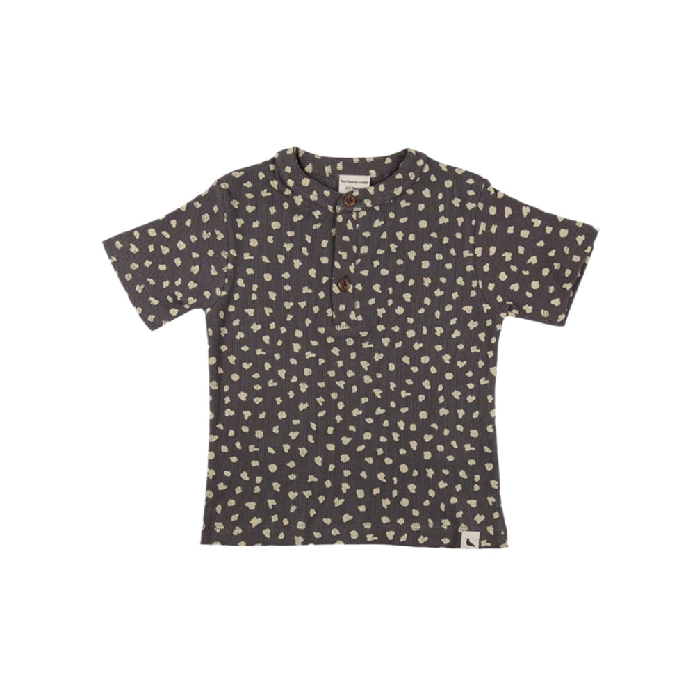 Turtledove London Animal Print Short Set Charcoal baby top laid flat; cream spots and two brown buttons at placket.