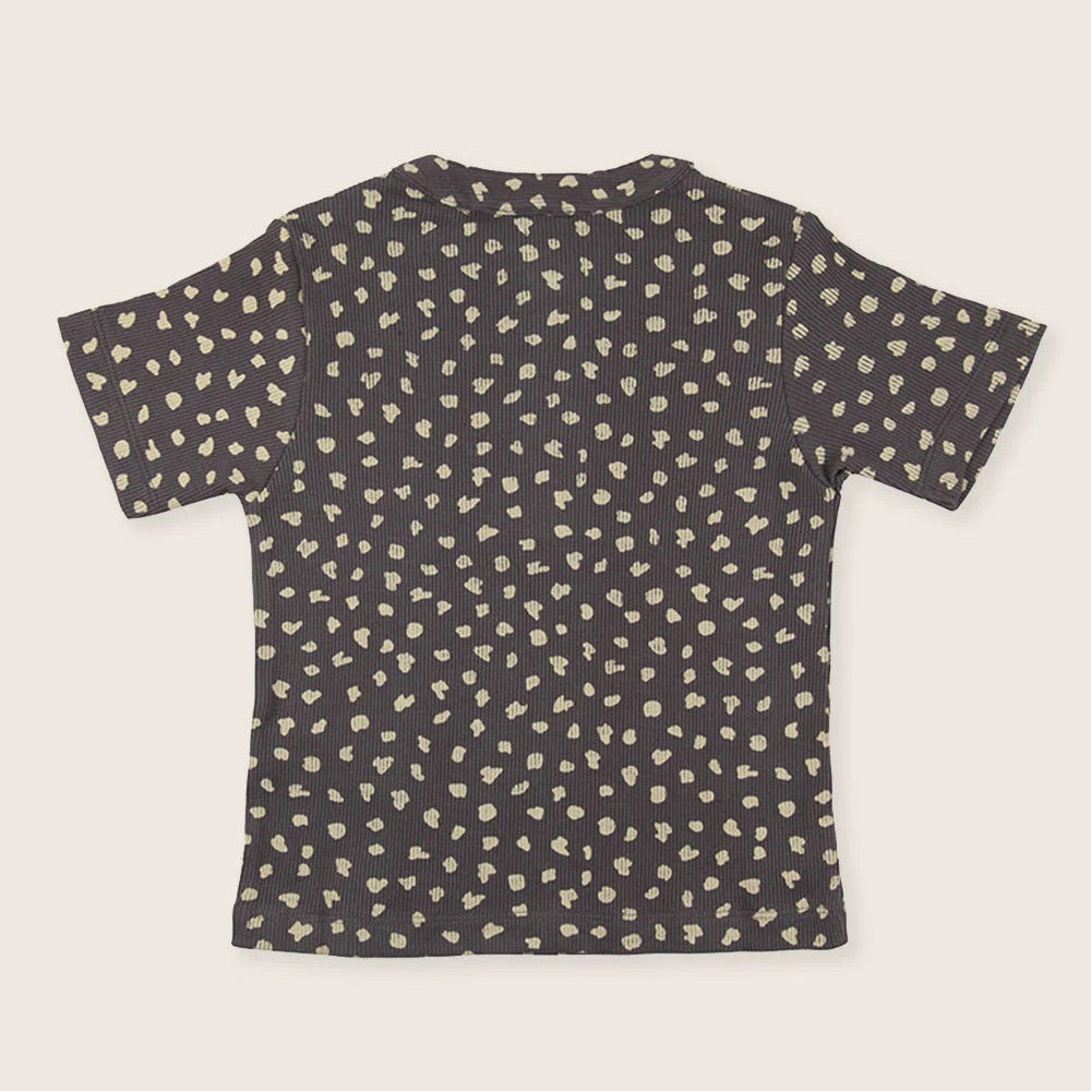 Turtledove London Animal Print Short Set Charcoal; matching top and shorts with cream spots for toddlers.