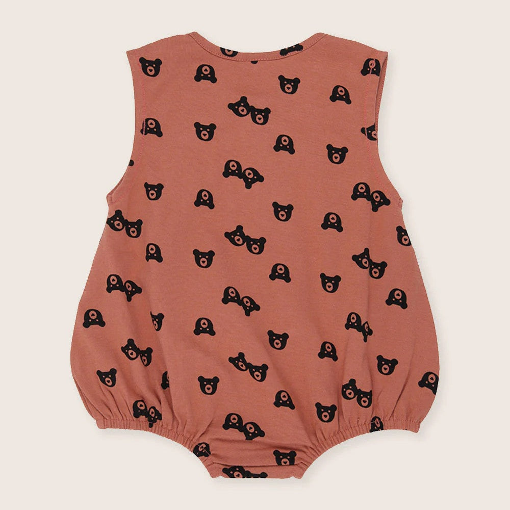 Turtledove London Two Bears Bubble Romper Sunset-pink sleeveless baby romper with black bear print and elasticized cuffs