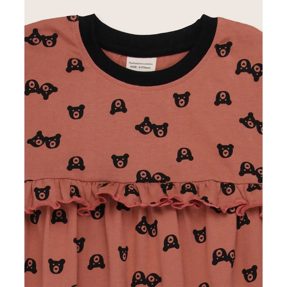 Turtledove London Two Bears Dress Sunset pink with black bear print, black neckline, and a ruffled waist