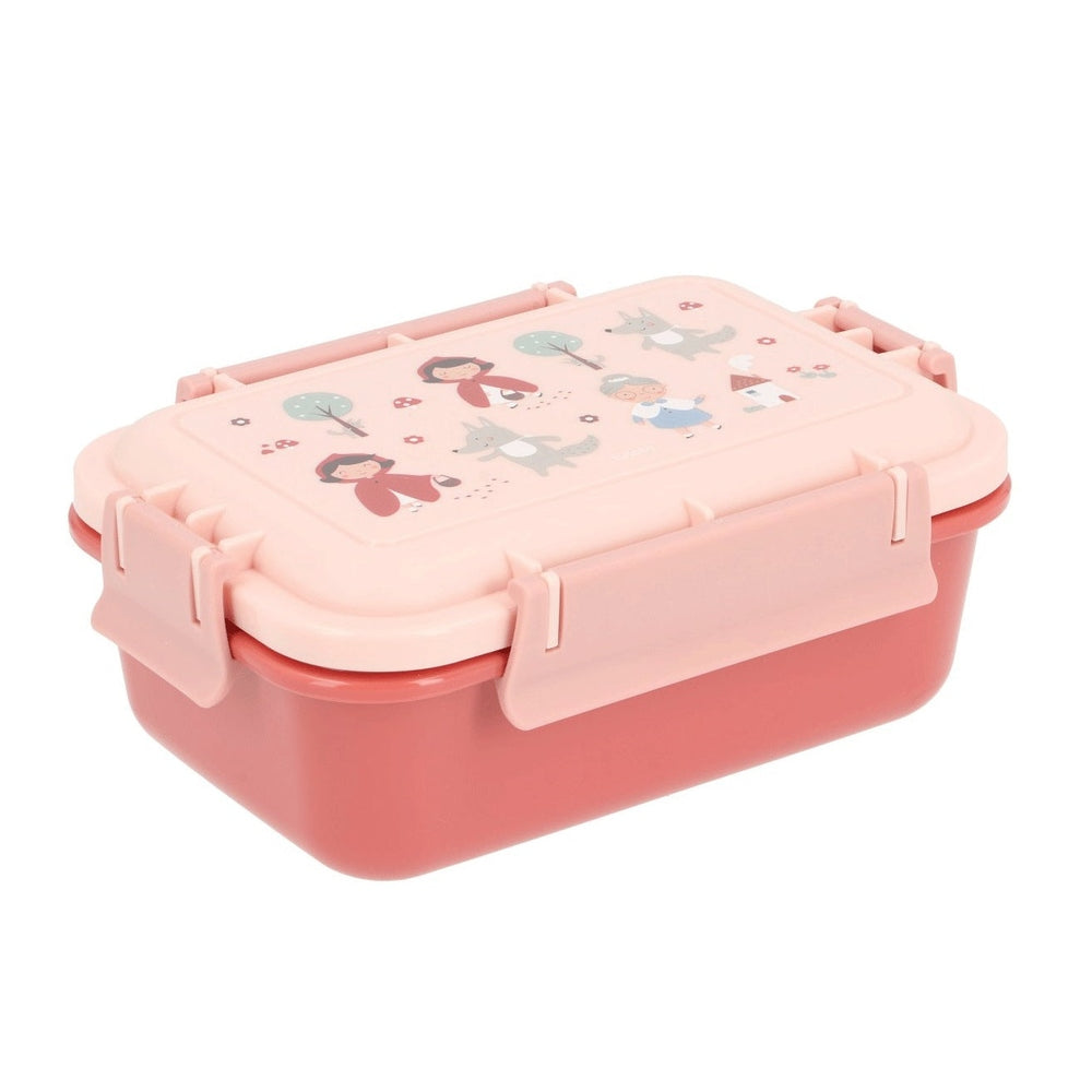 Tutete kids bento lunch box, pink with pastel lid illustration of children and animals