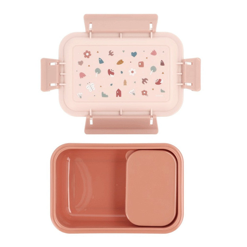 Tutete kids bento lunch box in pink with pastel floral design and inner divider tray