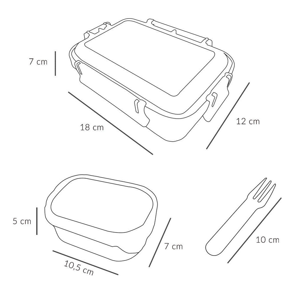 Tutete Kids Bento Lunch Box set: large rectangular lunch container with lid, small container and fork (3-piece)
