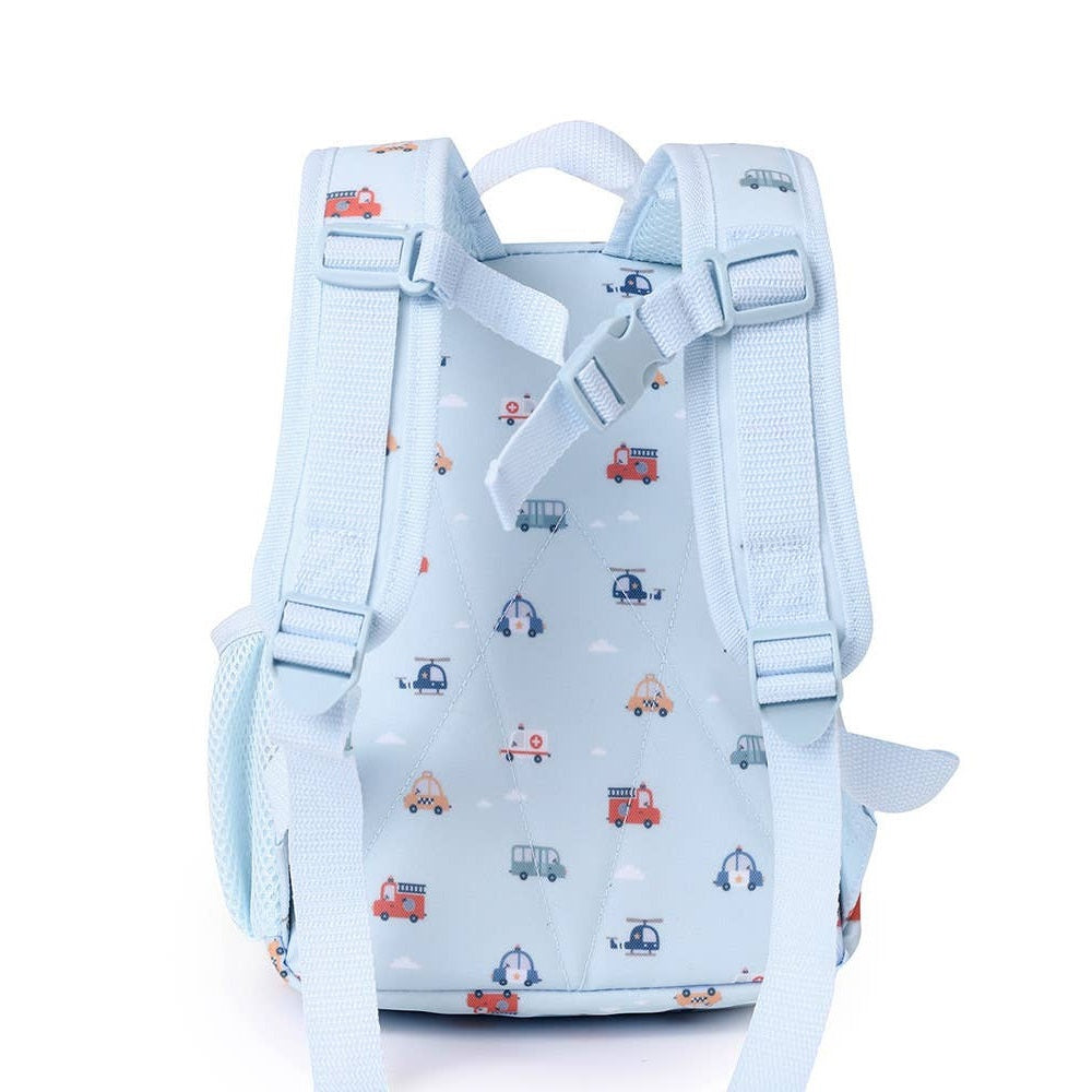 Tutete children's backpack light blue with a vehicle-print pattern and adjustable shoulder straps