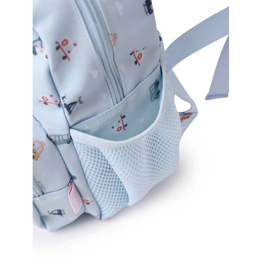 Tutete children's backpack in light blue with a mesh side pocket and vehicle print