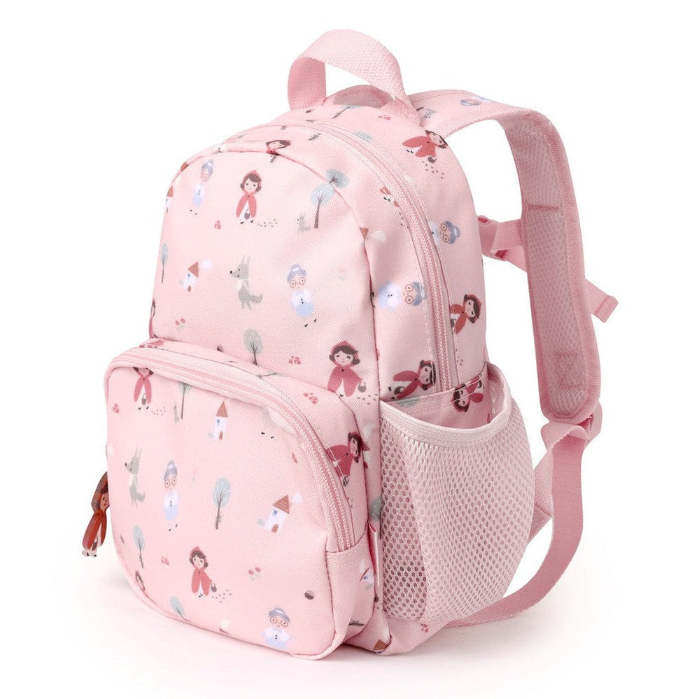 Tutete children's backpack pink with whimsical character print, padded straps and side mesh pocket