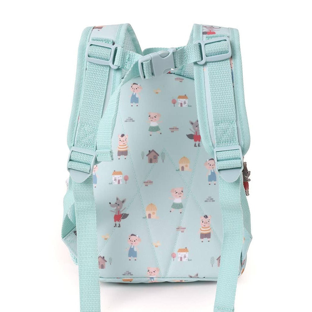 Tutete children's backpack light turquoise with village figure print and padded adjustable straps