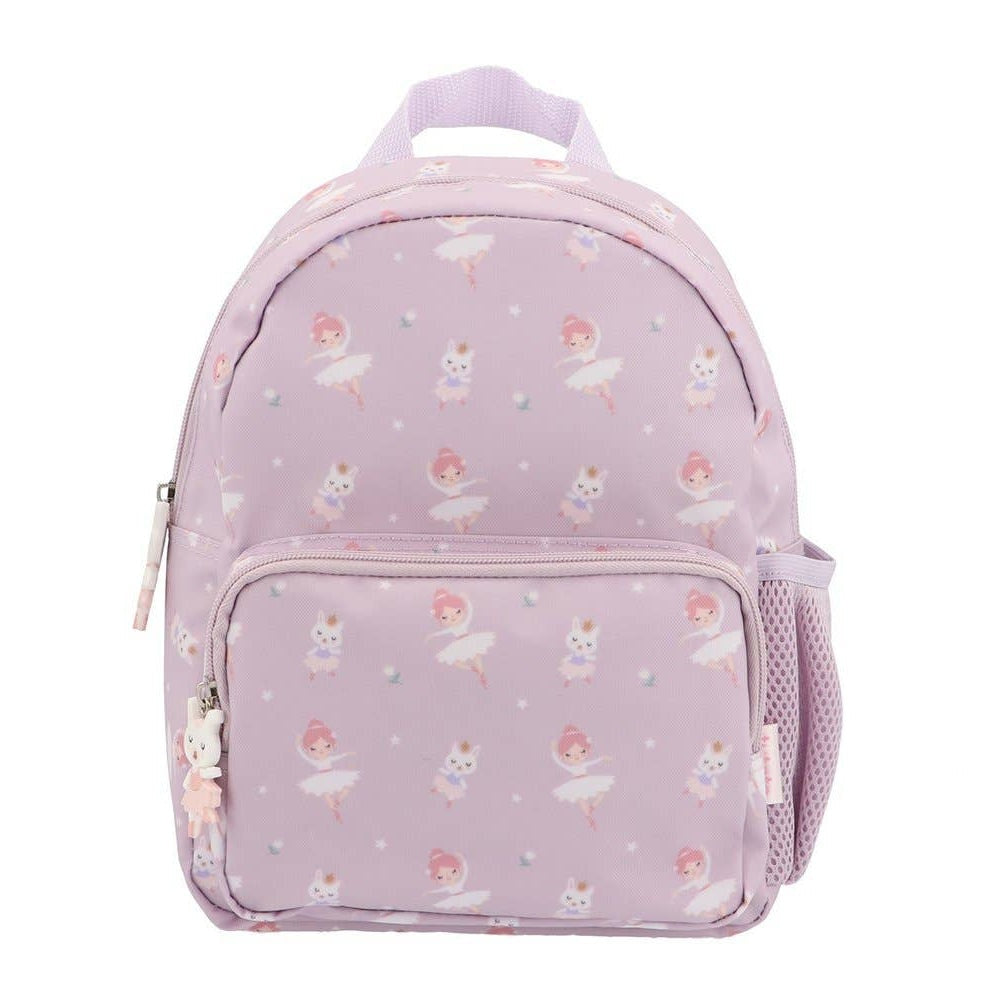 Tutete children's backpack lavender with ballerina pattern, pink zipper pulls, side mesh pocket