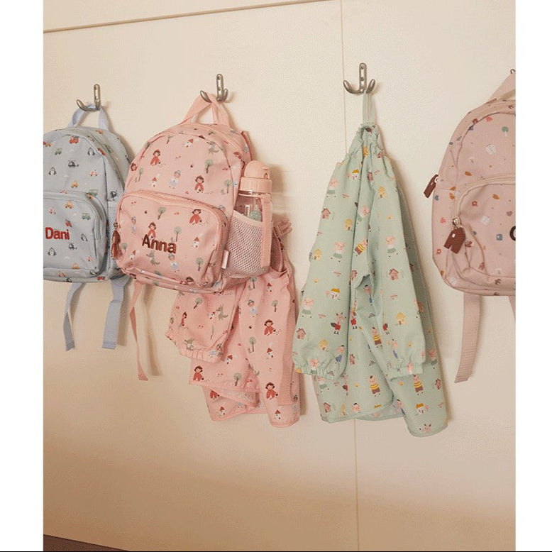 Tutete children's backpacks set of four, pastel pink, blue and mint with cartoon prints