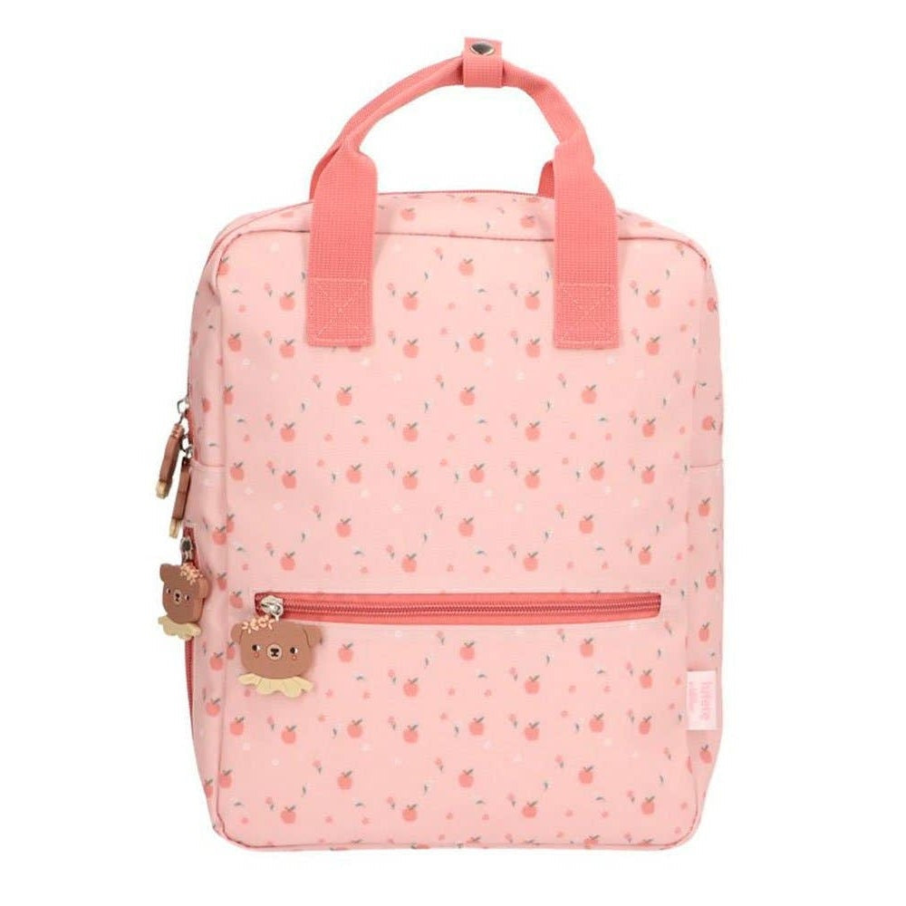 Tutete children's school backpack pink with tiny fruit pattern and bear zipper charms