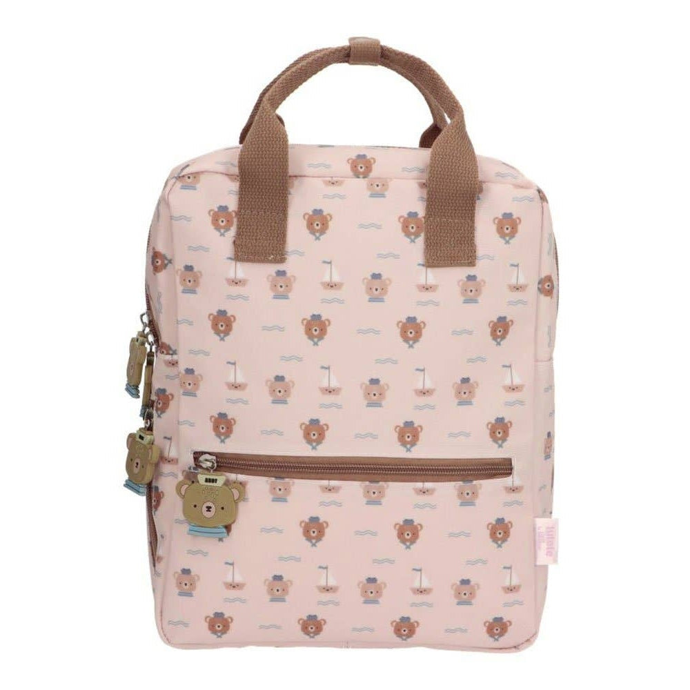 Tutete children's school backpack in pink with bear and sailboat print; brown handles and front zip pocket